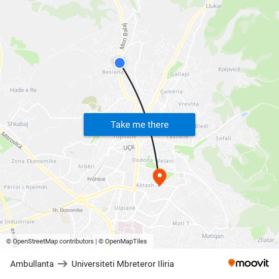 Ambullanta to Universiteti Mbreteror Iliria map