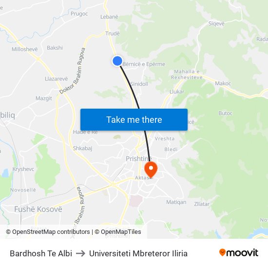 Bardhosh Te Albi to Universiteti Mbreteror Iliria map