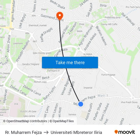 Rr. Muharrem Fejza to Universiteti Mbreteror Iliria map