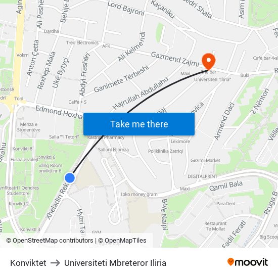 Konviktet to Universiteti Mbreteror Iliria map