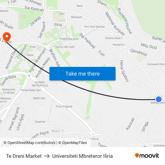 Te Dreni Market to Universiteti Mbreteror Iliria map