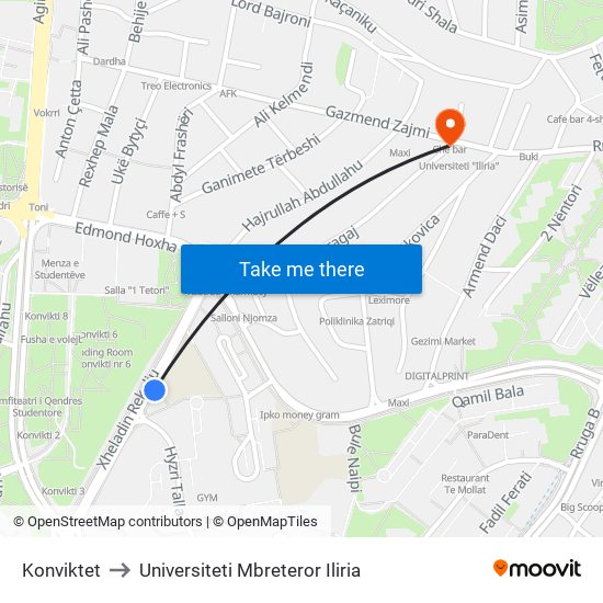 Konviktet to Universiteti Mbreteror Iliria map