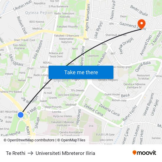 Te Rrethi to Universiteti Mbreteror Iliria map