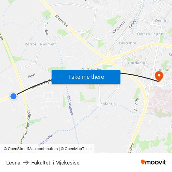 Lesna to Fakulteti i Mjekesise map
