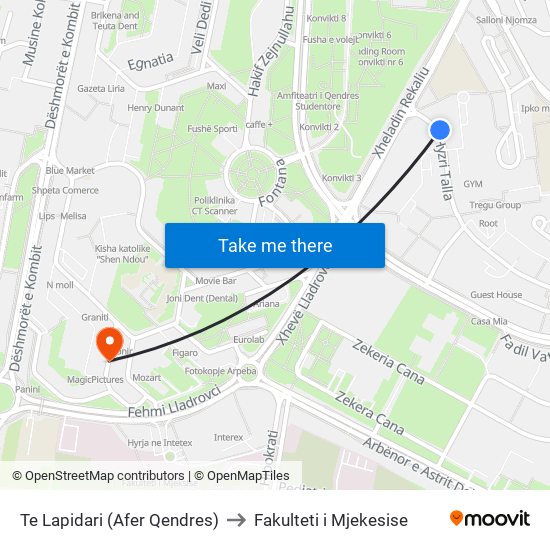 Te Lapidari (Afer Qendres) to Fakulteti i Mjekesise map