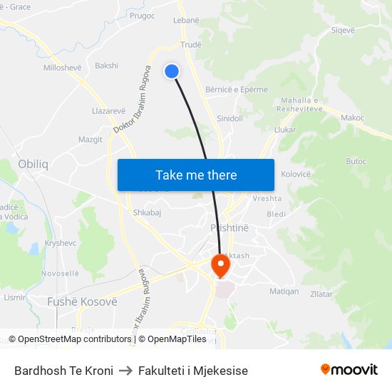 Bardhosh Te Kroni to Fakulteti i Mjekesise map