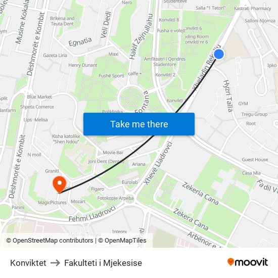 Konviktet to Fakulteti i Mjekesise map