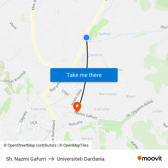 Sh. Nazmi Gafurri to Universiteti Dardania map