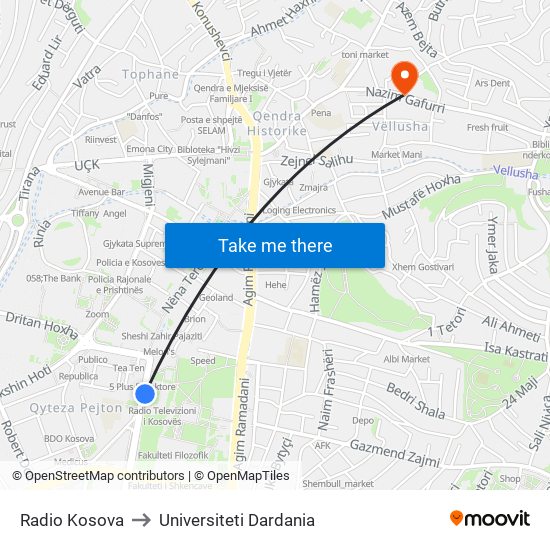 Radio Kosova to Universiteti Dardania map