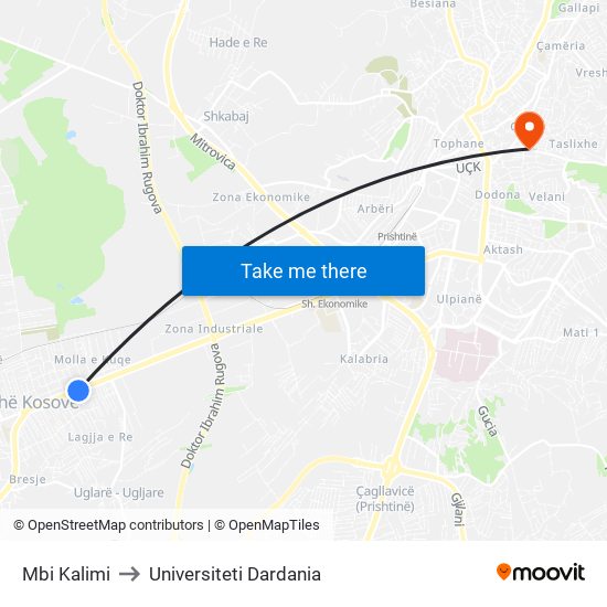 Mbi Kalimi to Universiteti Dardania map