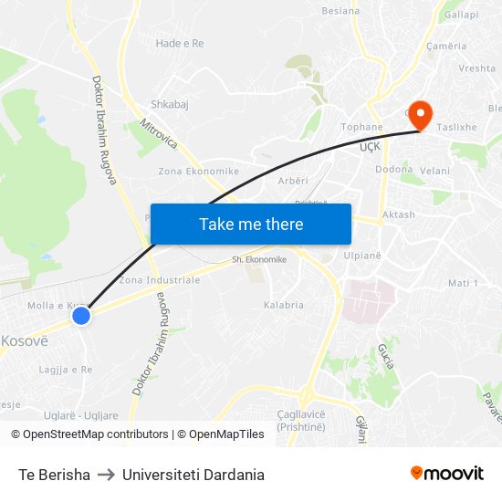 Te Berisha to Universiteti Dardania map