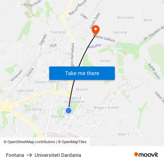 Fontana to Universiteti Dardania map