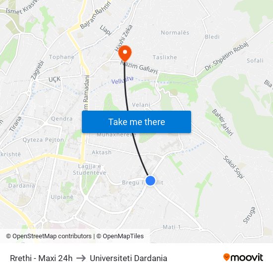 Rrethi - Maxi 24h to Universiteti Dardania map