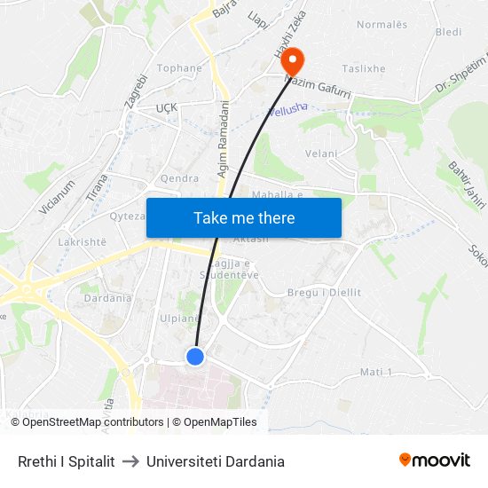 Rrethi I Spitalit to Universiteti Dardania map