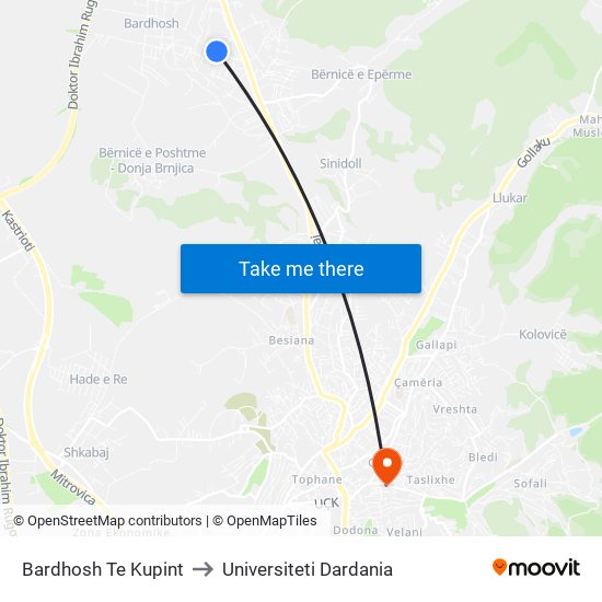 Bardhosh Te Kupint to Universiteti Dardania map