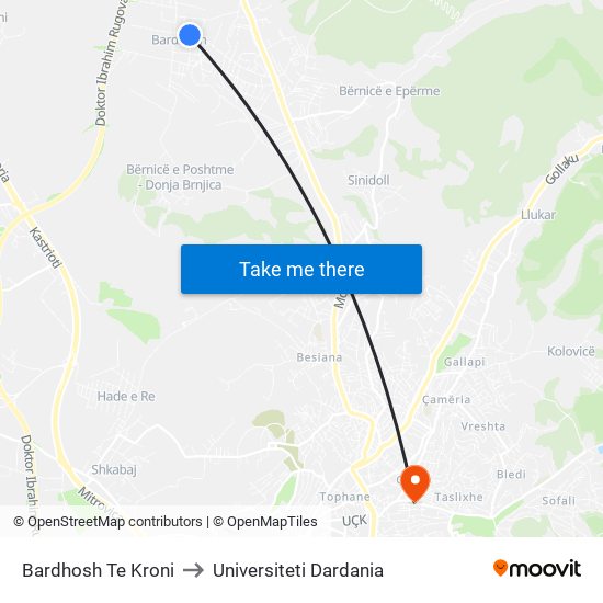 Bardhosh Te Kroni to Universiteti Dardania map