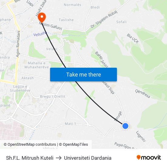 Sh.F.L. Mitrush Kuteli to Universiteti Dardania map