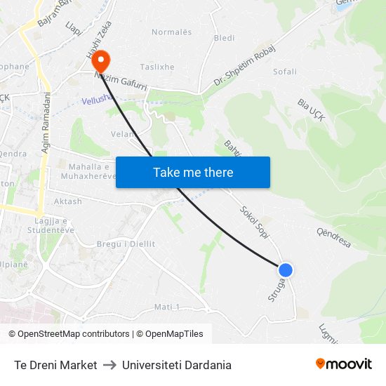 Te Dreni Market to Universiteti Dardania map