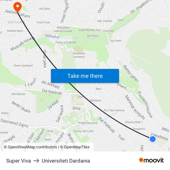 Super Viva to Universiteti Dardania map