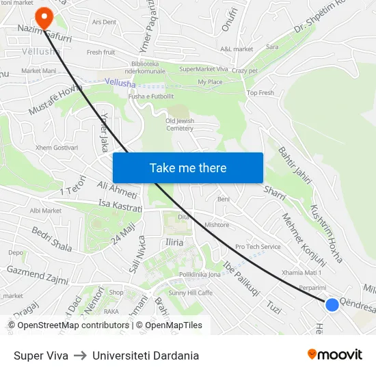 Super Viva to Universiteti Dardania map