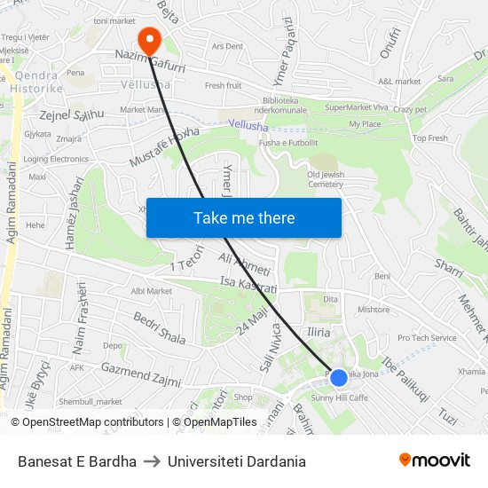 Banesat E Bardha to Universiteti Dardania map