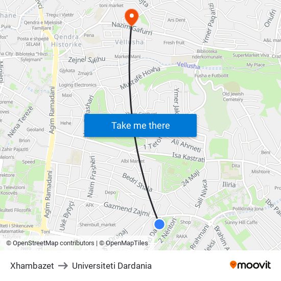 Xhambazet to Universiteti Dardania map
