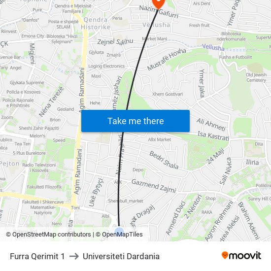 Furra Qerimit 1 to Universiteti Dardania map