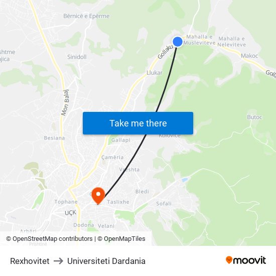 Rexhovitet to Universiteti Dardania map