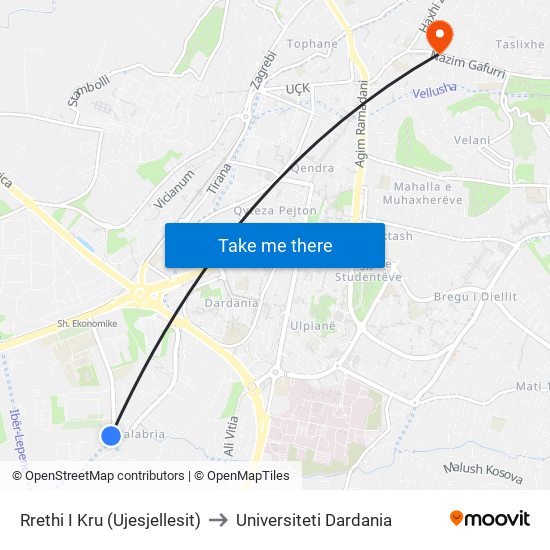 Rrethi I Kru (Ujesjellesit) to Universiteti Dardania map