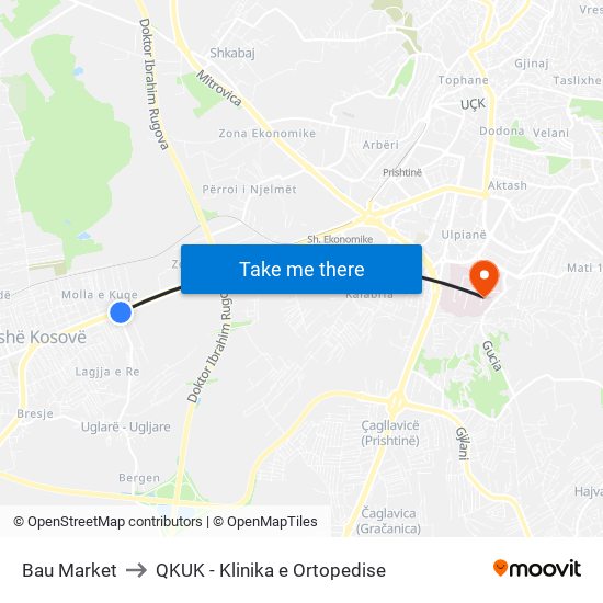 Bau Market to QKUK - Klinika e Ortopedise map