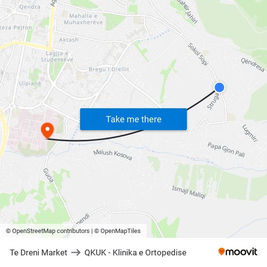Te Dreni Market to QKUK - Klinika e Ortopedise map