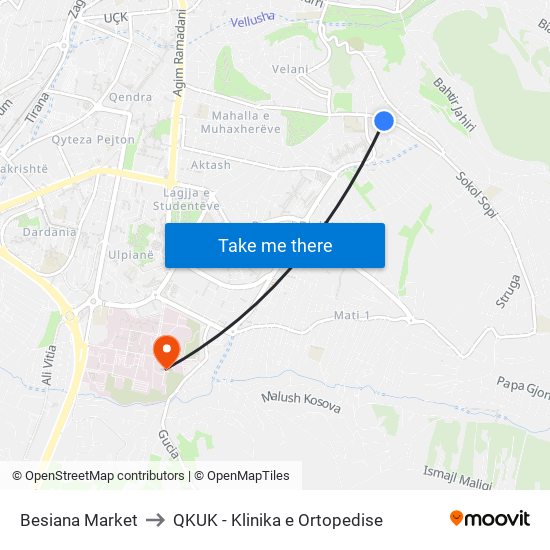 Besiana Market to QKUK - Klinika e Ortopedise map