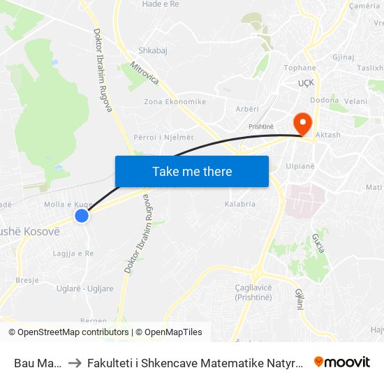 Bau Market to Fakulteti i Shkencave Matematike Natyrore (FShMN) map