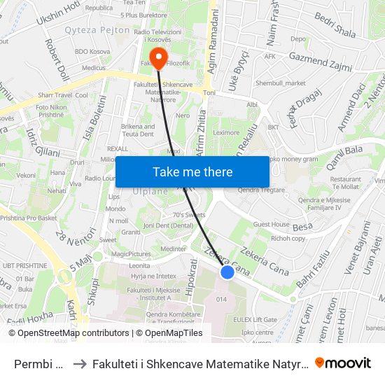 Permbi Qkuk to Fakulteti i Shkencave Matematike Natyrore (FShMN) map