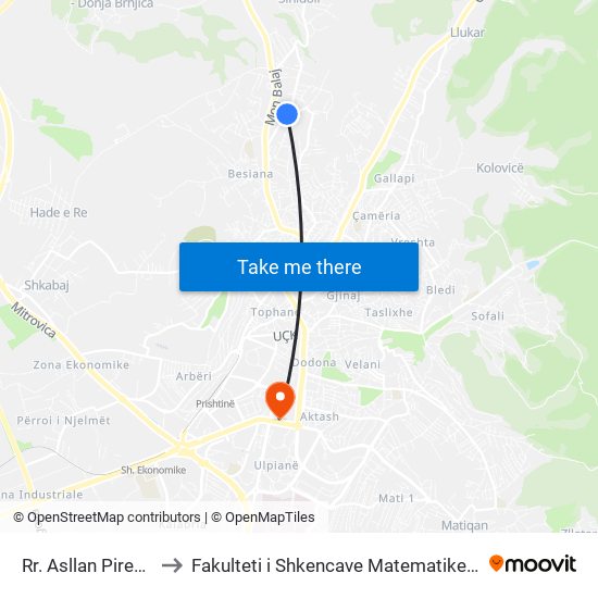 Rr. Asllan Pireva Te Roni to Fakulteti i Shkencave Matematike Natyrore (FShMN) map