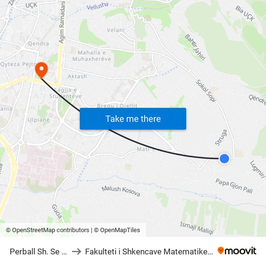 Perball Sh. Se Shendetit to Fakulteti i Shkencave Matematike Natyrore (FShMN) map