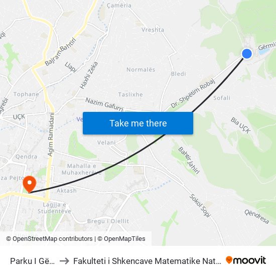 Parku I Gërmisë to Fakulteti i Shkencave Matematike Natyrore (FShMN) map