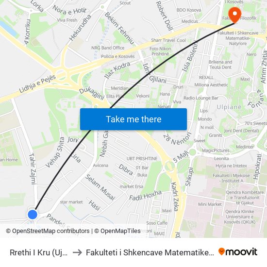 Rrethi I Kru (Ujesjellesit) to Fakulteti i Shkencave Matematike Natyrore (FShMN) map