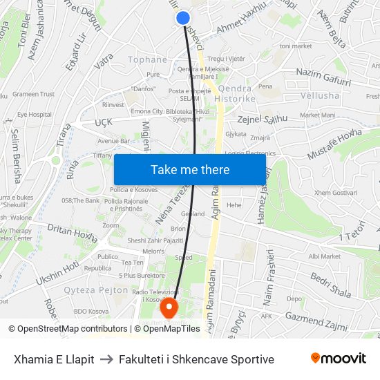 Xhamia E Llapit to Fakulteti i Shkencave Sportive map