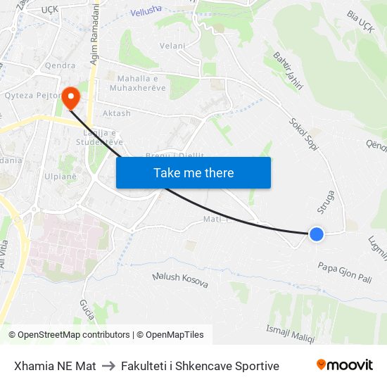 Xhamia NE Mat to Fakulteti i Shkencave Sportive map