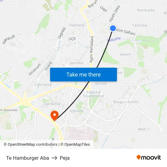 Te Hamburger Aba to Peja map