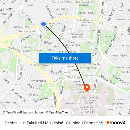 Dardani to Fakulteti i Mjekësisë - Seksioni i Farmacisë map