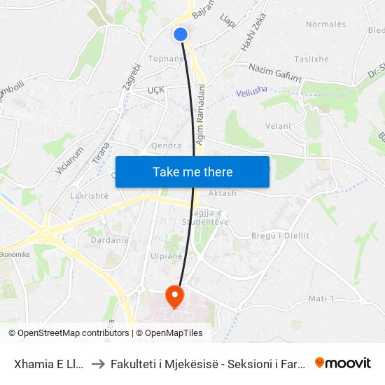 Xhamia E Llapit to Fakulteti i Mjekësisë - Seksioni i Farmacisë map