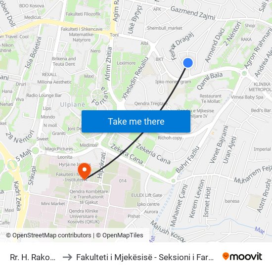 Rr. H. Rakovica to Fakulteti i Mjekësisë - Seksioni i Farmacisë map