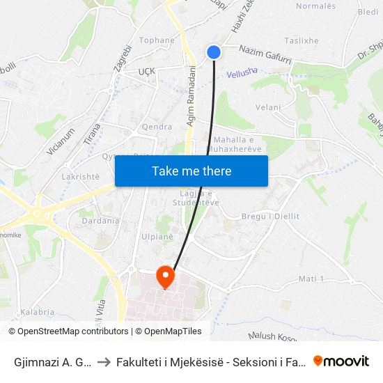 Gjimnazi A. Gashi to Fakulteti i Mjekësisë - Seksioni i Farmacisë map