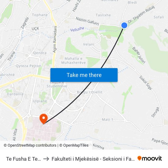 Te Fusha E Tenisit to Fakulteti i Mjekësisë - Seksioni i Farmacisë map