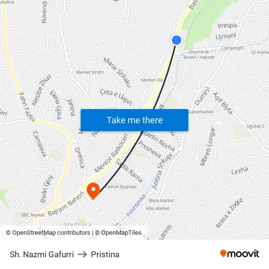 Sh. Nazmi Gafurri to Pristina map