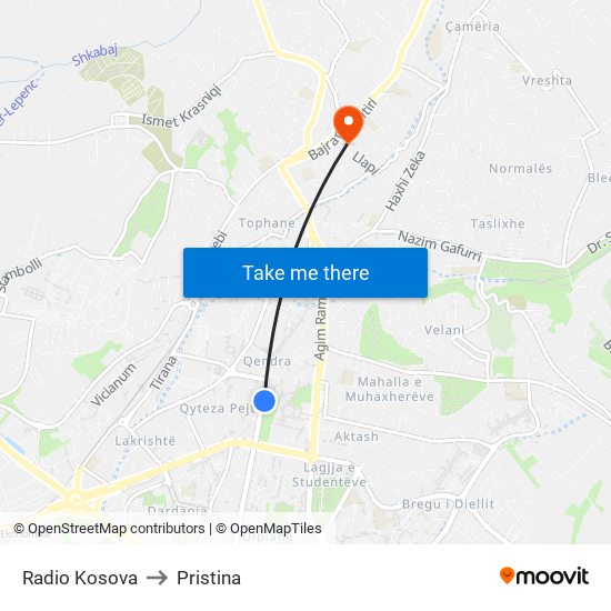 Radio Kosova to Pristina map