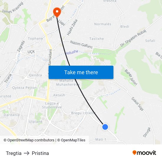 Tregtia to Pristina map