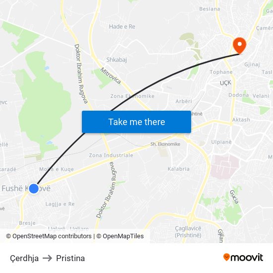 Çerdhja to Pristina map